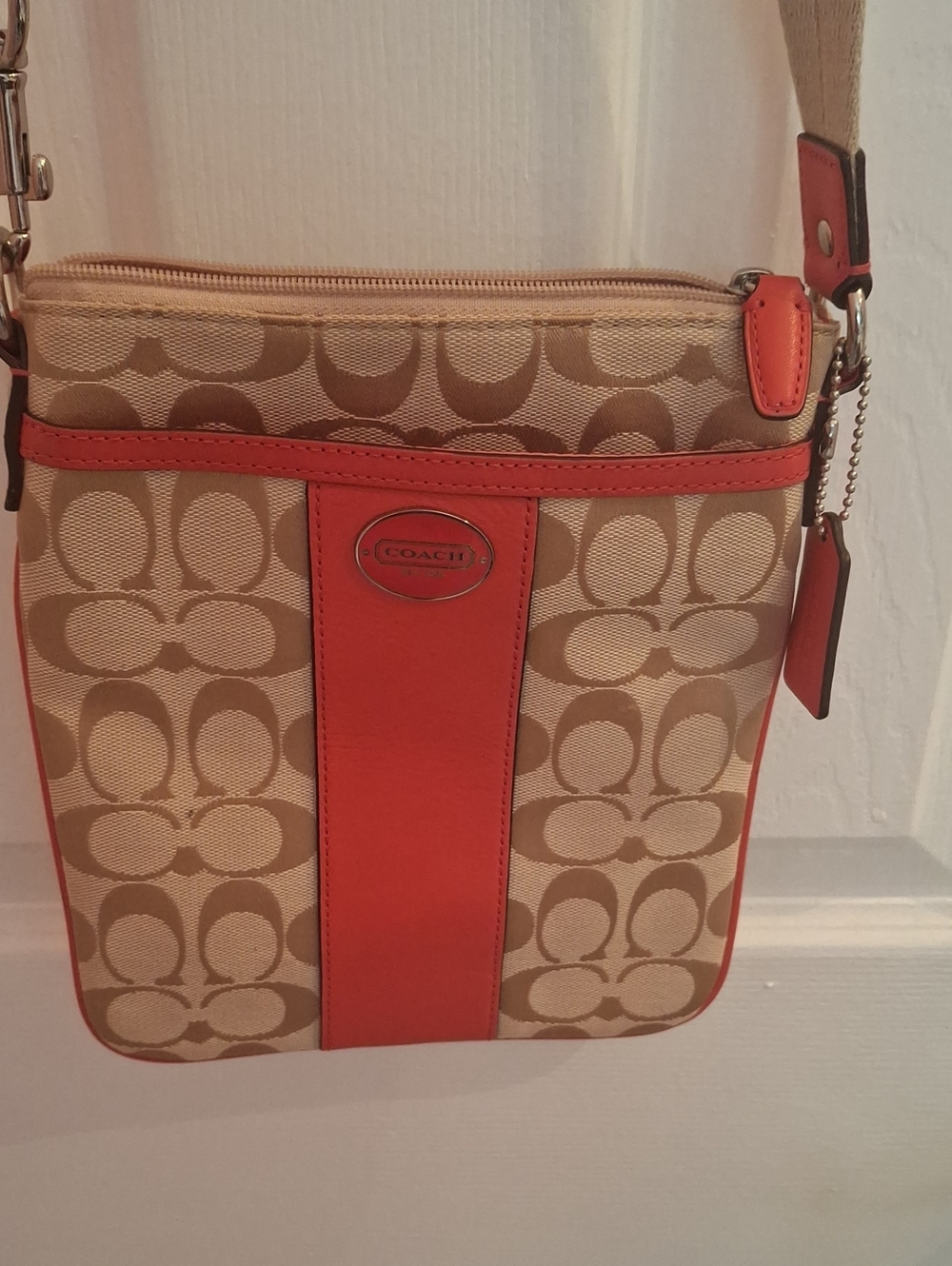 Coach Khaki Signature Crossbody with Coral Trim